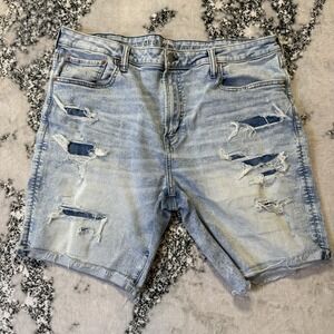American Eagle Shorts Mens Size 40 Blue Airflex Distressed Raw Hem Denim